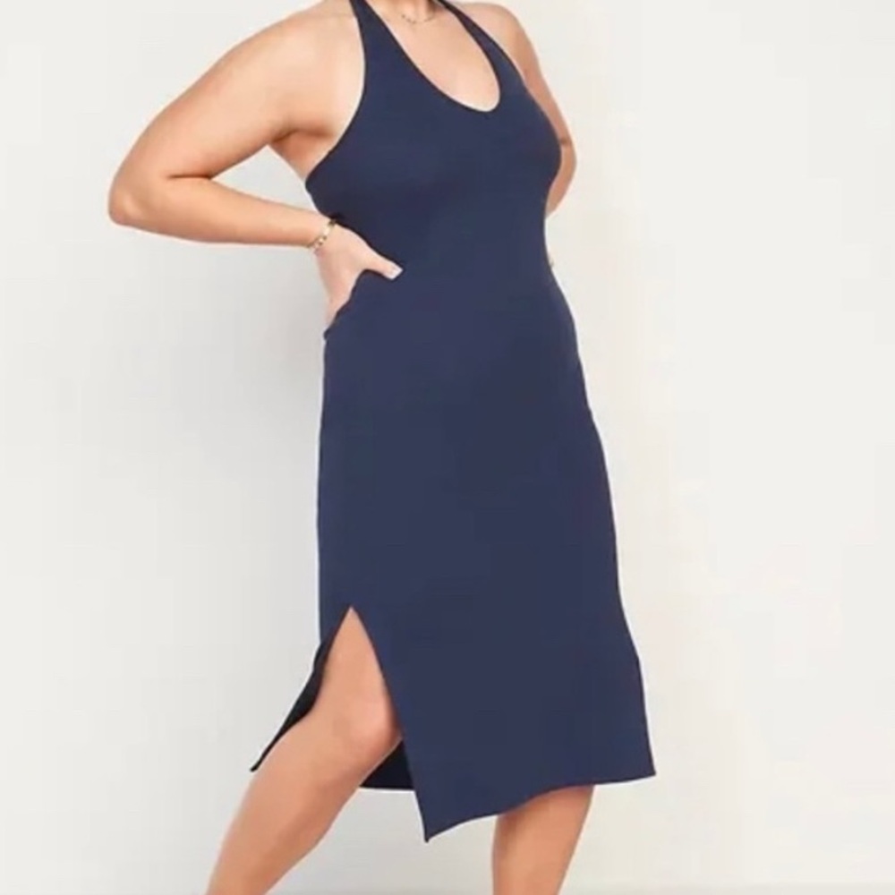 Old Navy Women’s Navy Blue Fitted Halter Rib-Knit Midi Dress NWT
